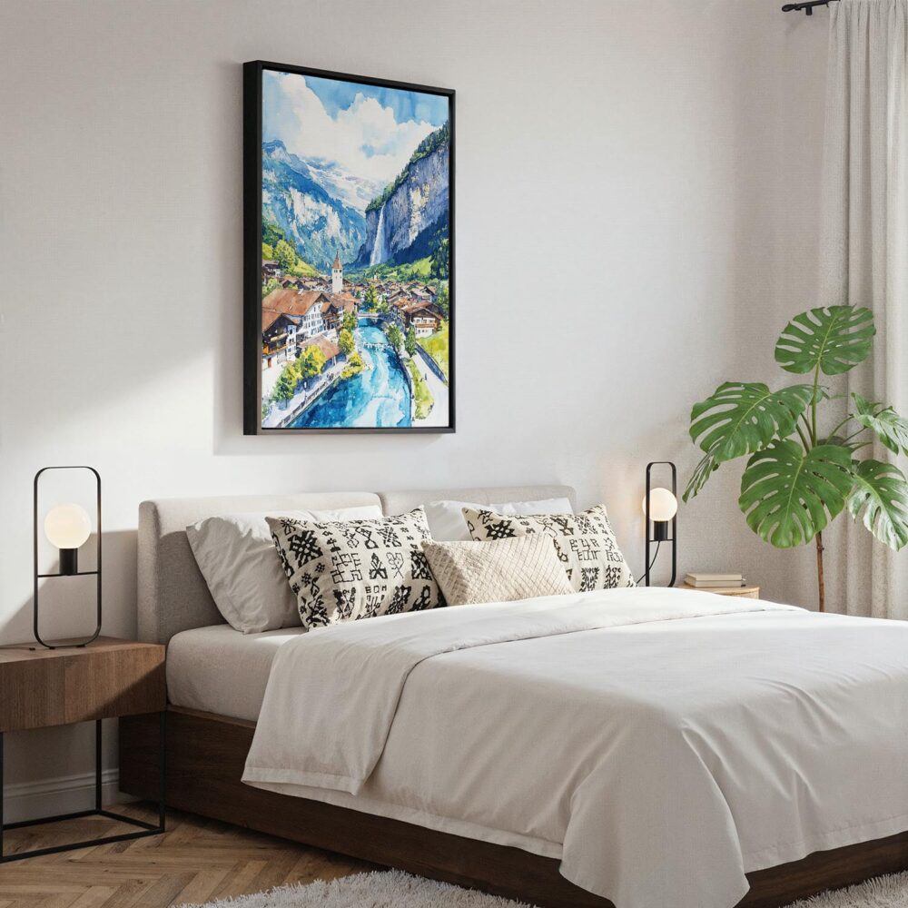 02 - Black Framed Lauterbrunnen Watercolor Canvas Print - Bedroom - Vertical.jpg 02 - Black Framed Lauterbrunnen Watercolor Canvas Print - Bedroom - Vertical.jpg