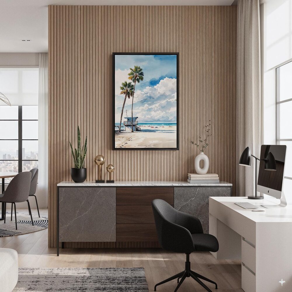 02 - Black Framed Los Angeles beach lifeguard tower Watercolor Canvas Print - Home Office - Vertical.jpg 02 - Black Framed Los Angeles beach lifeguard tower Watercolor Canvas Print - Home Office - Vertical.jpg