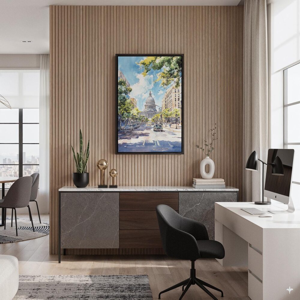 02 - Black Framed Madison Wisconsin State Capitol Building Watercolor Canvas Print - Home Office - Vertical.jpg 02 - Black Framed Madison Wisconsin State Capitol Building Watercolor Canvas Print - Home Office - Vertical.jpg