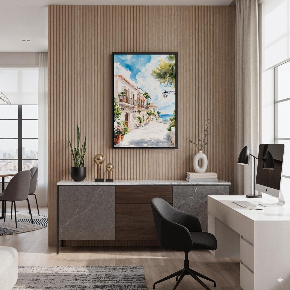 02 - Black Framed Mallorca Spain Watercolor Canvas Print - Home Office - Vertical.jpg 02 - Black Framed Mallorca Spain Watercolor Canvas Print - Home Office - Vertical.jpg