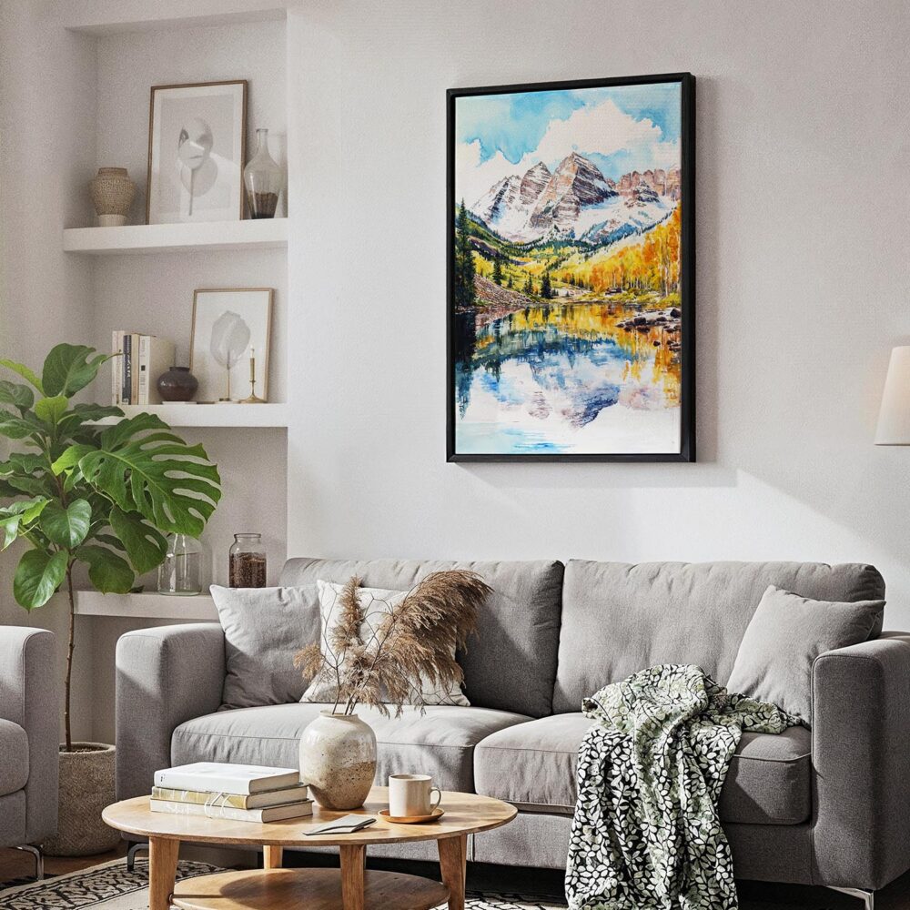 02 - Black Framed Maroon Bells Aspen Watercolor Canvas Print - Skandinavian Living Room - Vertical.jpg 02 - Black Framed Maroon Bells Aspen Watercolor Canvas Print - Skandinavian Living Room - Vertical.jpg