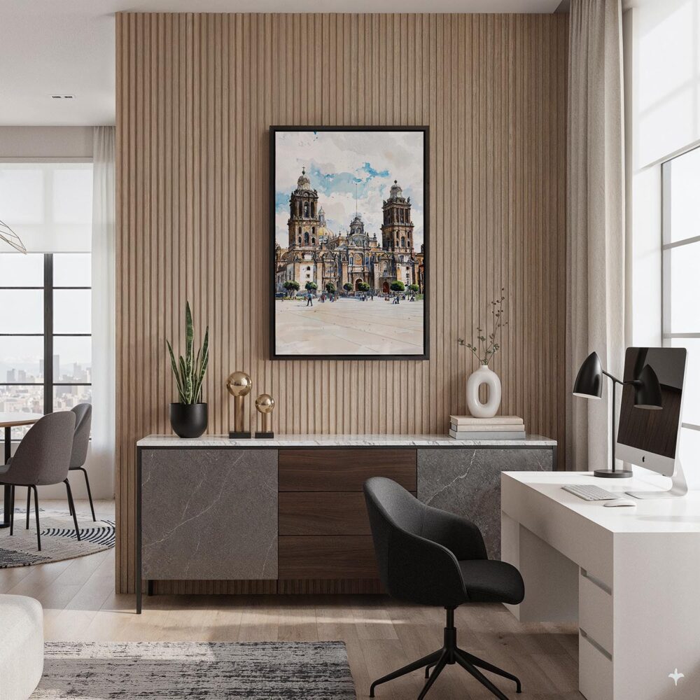 02 - Black Framed Mexico Metropolitan Cathedral Watercolor Canvas Print - Home Office - Vertical.jpg 02 - Black Framed Mexico Metropolitan Cathedral Watercolor Canvas Print - Home Office - Vertical.jpg