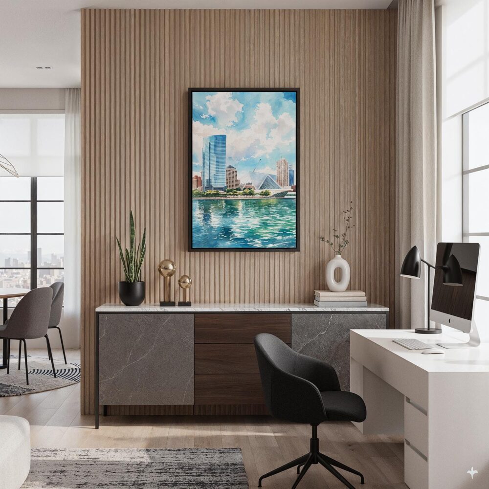 02 - Black Framed Milwaukee Skyline Watercolor Canvas Print - Home Office - Vertical.jpg 02 - Black Framed Milwaukee Skyline Watercolor Canvas Print - Home Office - Vertical.jpg