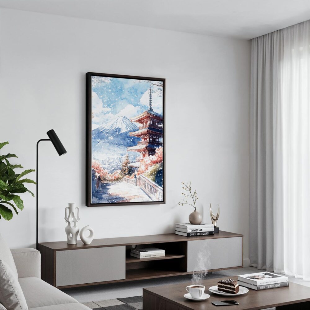02 - Black Framed Mount Fuji and Pagoda Watercolor Canvas Print - Contemporary Living Room - Vertical.jpg 02 - Black Framed Mount Fuji and Pagoda Watercolor Canvas Print - Contemporary Living Room - Vertical.jpg