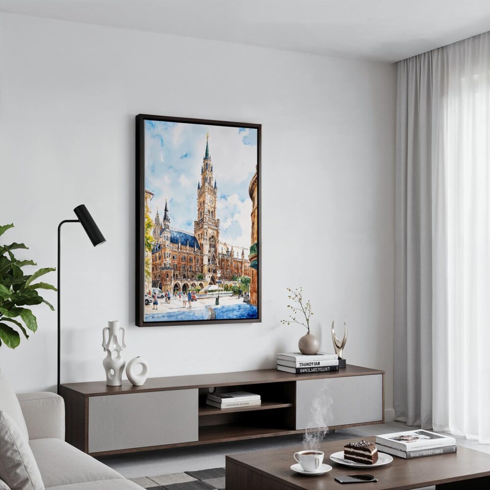 02 - Black Framed Munich Marienplatz Watercolor Canvas Print - Contemporary Living Room - Vertical.jpg 02 - Black Framed Munich Marienplatz Watercolor Canvas Print - Contemporary Living Room - Vertical.jpg