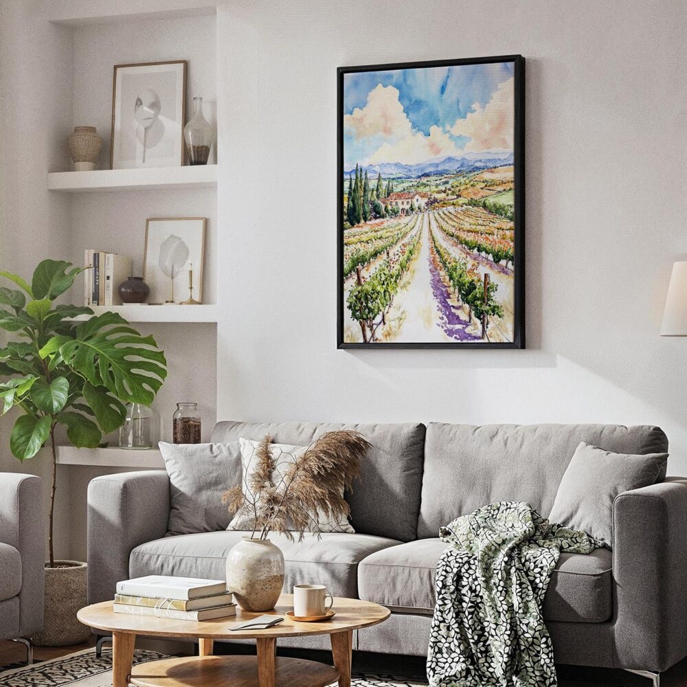 02 - Black Framed Napa Valley Vineyard Watercolor Canvas Print - Skandinavian Living Room - Vertical.jpg 02 - Black Framed Napa Valley Vineyard Watercolor Canvas Print - Skandinavian Living Room - Vertical.jpg