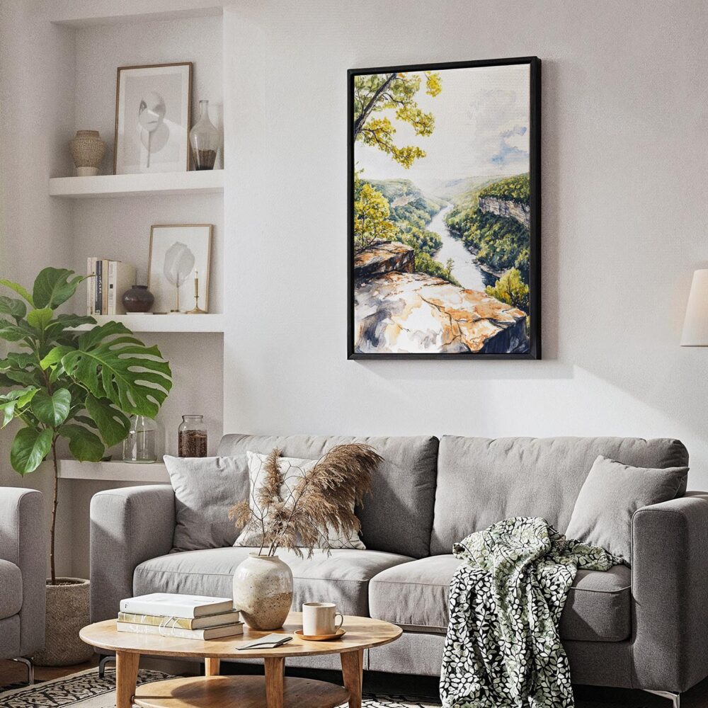 02 - Black Framed New River Gorge Watercolor Canvas Print - Skandinavian Living Room - Vertical.jpg 02 - Black Framed New River Gorge Watercolor Canvas Print - Skandinavian Living Room - Vertical.jpg