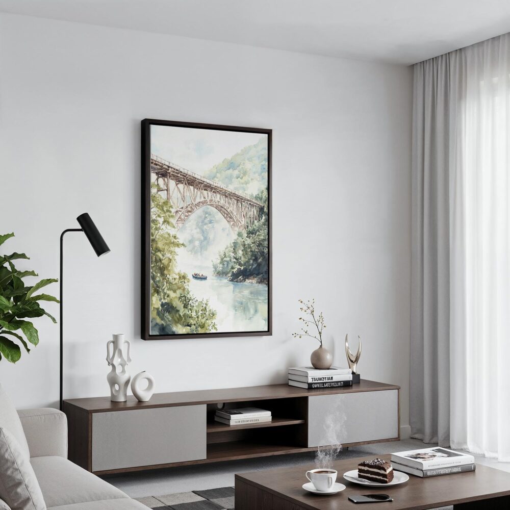 02 - Black Framed New river gorge Bridge Watercolor Canvas Print - Contemporary Living Room - Vertical.jpg 02 - Black Framed New river gorge Bridge Watercolor Canvas Print - Contemporary Living Room - Vertical.jpg