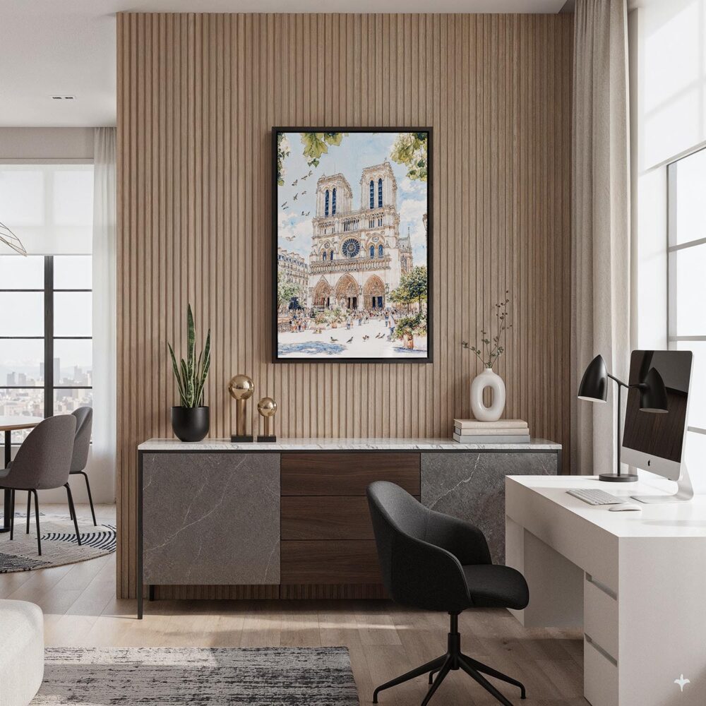 02 - Black Framed Notre Dame Watercolor Canvas Print - Home Office - Vertical.jpg 02 - Black Framed Notre Dame Watercolor Canvas Print - Home Office - Vertical.jpg