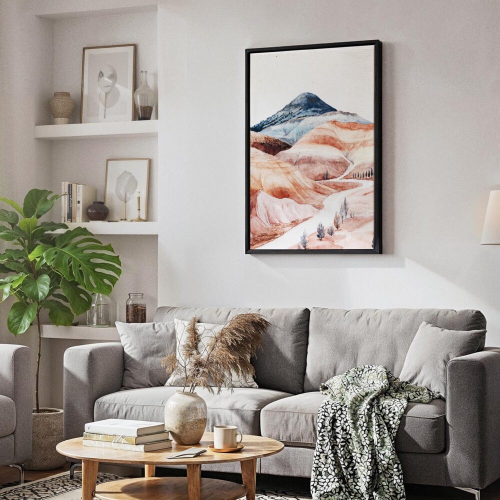 02 - Black Framed Painted Hills Oregon Watercolor Canvas Print - Skandinavian Living Room - Vertical.jpg 02 - Black Framed Painted Hills Oregon Watercolor Canvas Print - Skandinavian Living Room - Vertical.jpg