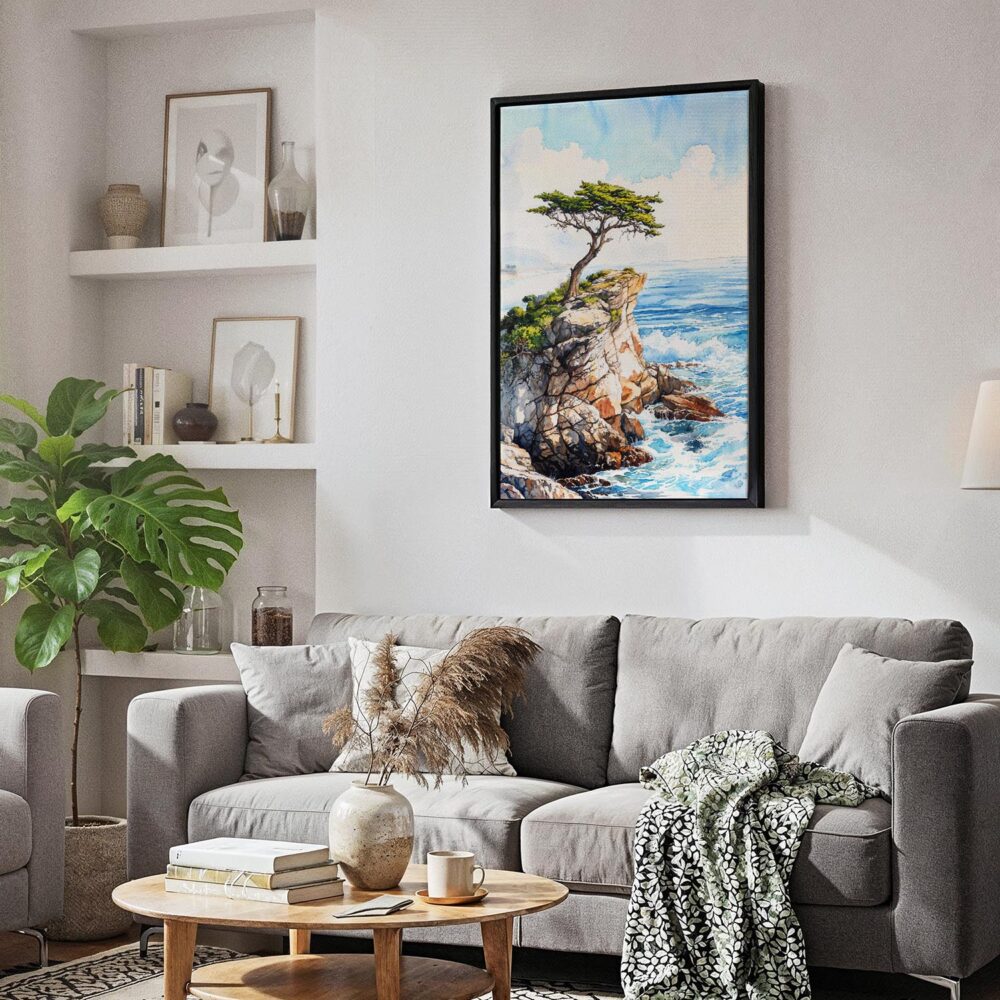 02 - Black Framed Pebble Beach Cypress Watercolor Canvas Print - Skandinavian Living Room - Vertical.jpg 02 - Black Framed Pebble Beach Cypress Watercolor Canvas Print - Skandinavian Living Room - Vertical.jpg