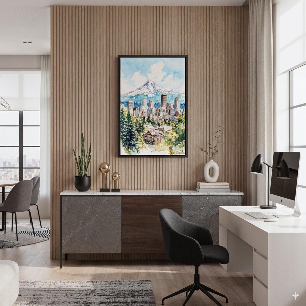 02 - Black Framed Portland Oregon Watercolor Canvas Print - Home Office - Vertical.jpg 02 - Black Framed Portland Oregon Watercolor Canvas Print - Home Office - Vertical.jpg