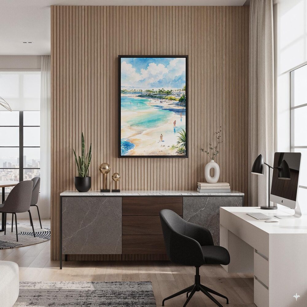 02 - Black Framed San Diego Beach Watercolor Canvas Print - Home Office - Vertical.jpg 02 - Black Framed San Diego Beach Watercolor Canvas Print - Home Office - Vertical.jpg