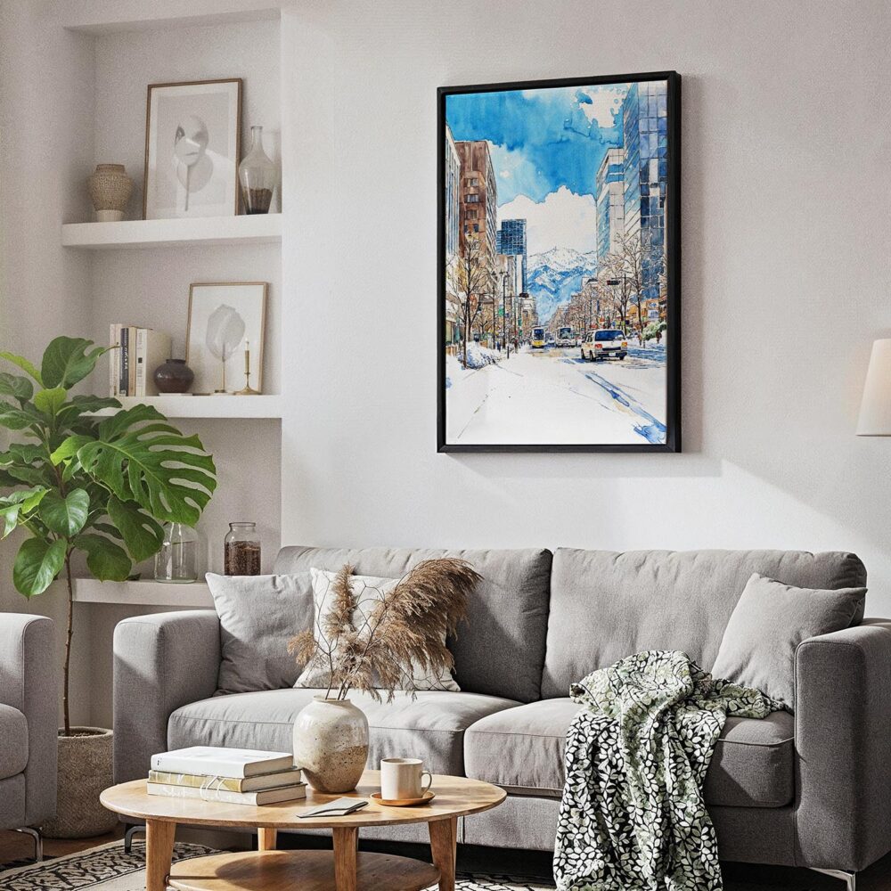 02 - Black Framed Sapporo City - Watercolor Canvas Print - Skandinavian Living Room - Vertical.jpg 02 - Black Framed Sapporo City - Watercolor Canvas Print - Skandinavian Living Room - Vertical.jpg