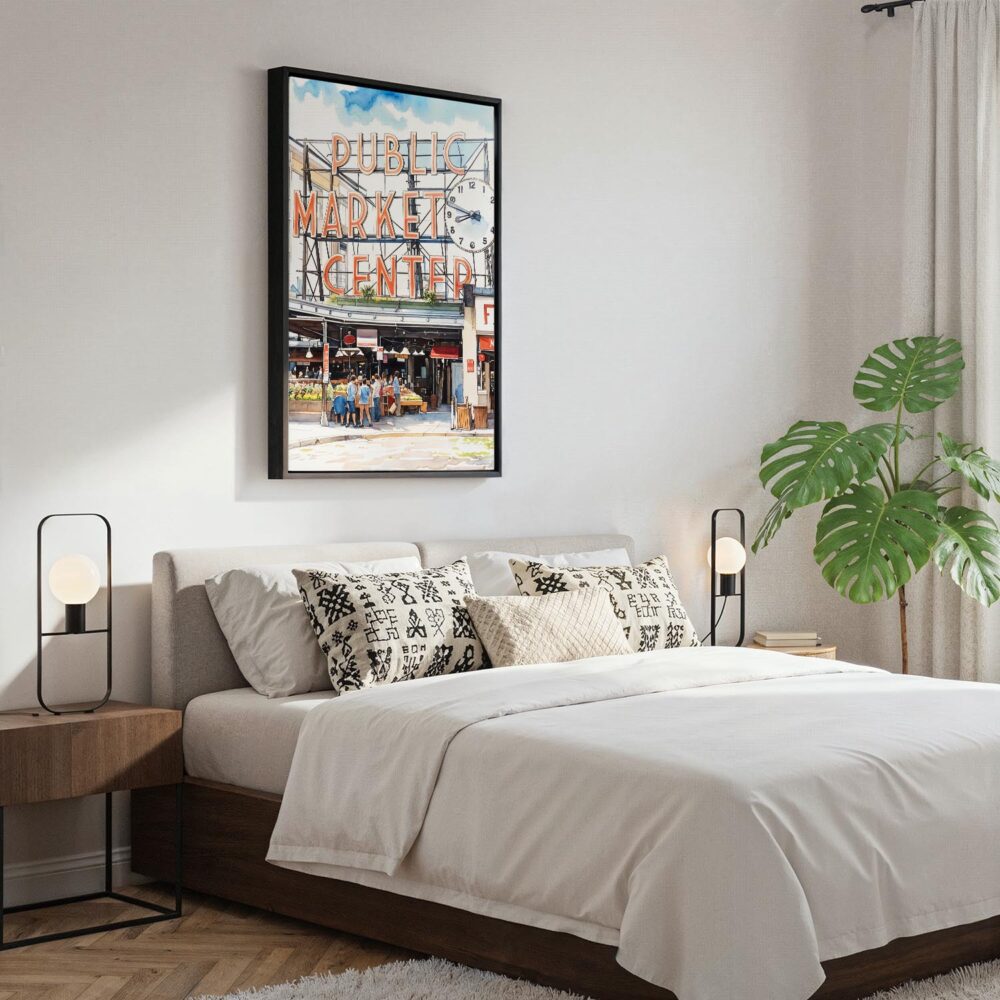 02 - Black Framed Seattle Pike Place Market Watercolor Canvas Print - Bedroom - Vertical.jpg 02 - Black Framed Seattle Pike Place Market Watercolor Canvas Print - Bedroom - Vertical.jpg