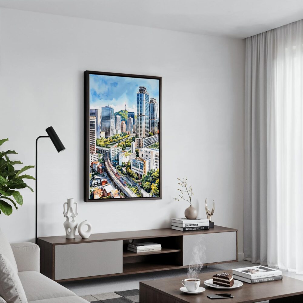 02 - Black Framed Seoul Skyline Watercolor Canvas Print - Contemporary Living Room - Vertical.jpg 02 - Black Framed Seoul Skyline Watercolor Canvas Print - Contemporary Living Room - Vertical.jpg