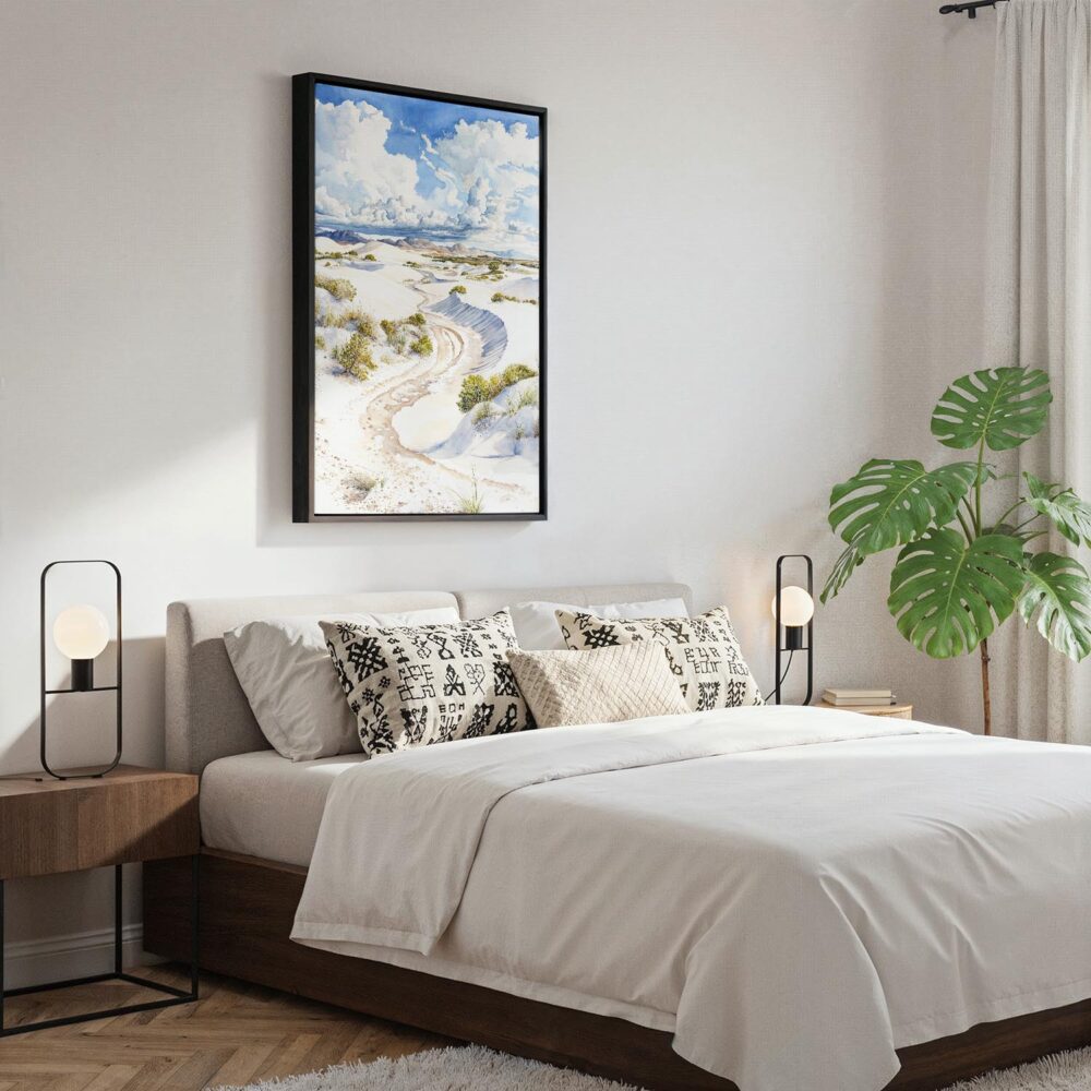 02 - Black Framed White Sands National Park Watercolor Canvas Print - Bedroom - Vertical.jpg 02 - Black Framed White Sands National Park Watercolor Canvas Print - Bedroom - Vertical.jpg