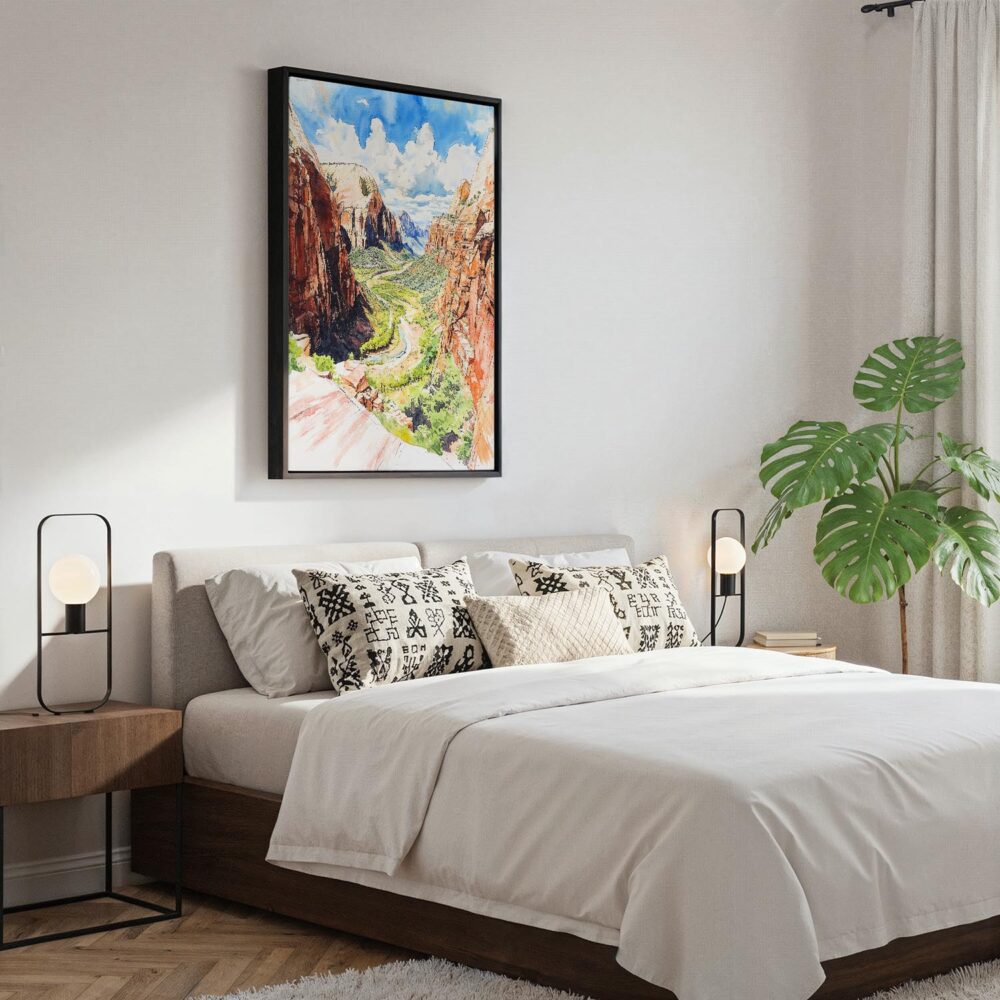 02 - Black Framed Zion Canyon Watercolor Canvas Print - Bedroom - Vertical.jpg 02 - Black Framed Zion Canyon Watercolor Canvas Print - Bedroom - Vertical.jpg