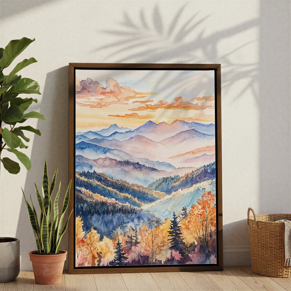 02 - Blue Ridge Mountains Canvas Print with Brown Floater Frame - Standing on Floor - Vertical.jpg 02 - Blue Ridge Mountains Canvas Print with Brown Floater Frame - Standing on Floor - Vertical.jpg