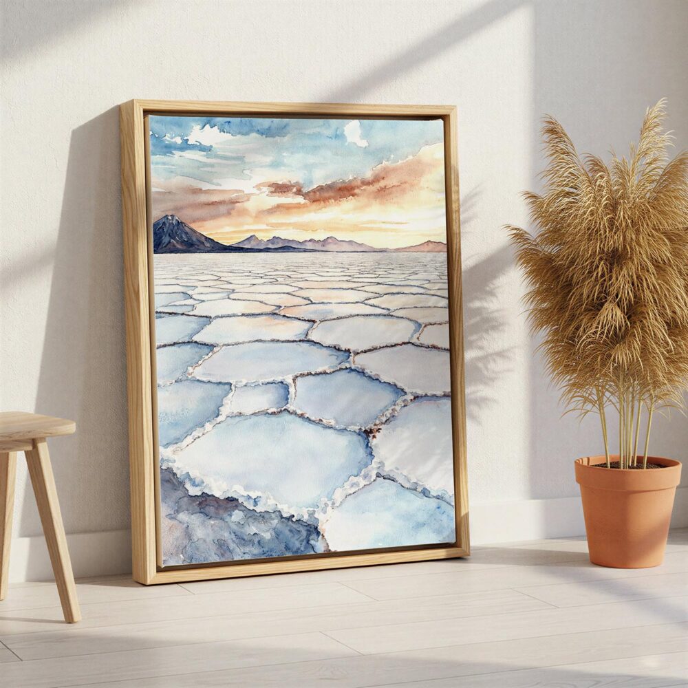 02 - Bolivia Salar de Uyuni Watercolor Canvas Print with Natural Floater Frame - Standing on Floor - Vertical.jpg 02 - Bolivia Salar de Uyuni Watercolor Canvas Print with Natural Floater Frame - Standing on Floor - Vertical.jpg