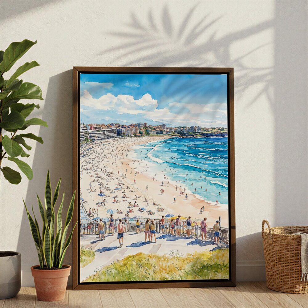 02 - Bondi Beach Watercolor Canvas Print with Brown Floater Frame - Standing on Floor - Vertical.jpg 02 - Bondi Beach Watercolor Canvas Print with Brown Floater Frame - Standing on Floor - Vertical.jpg