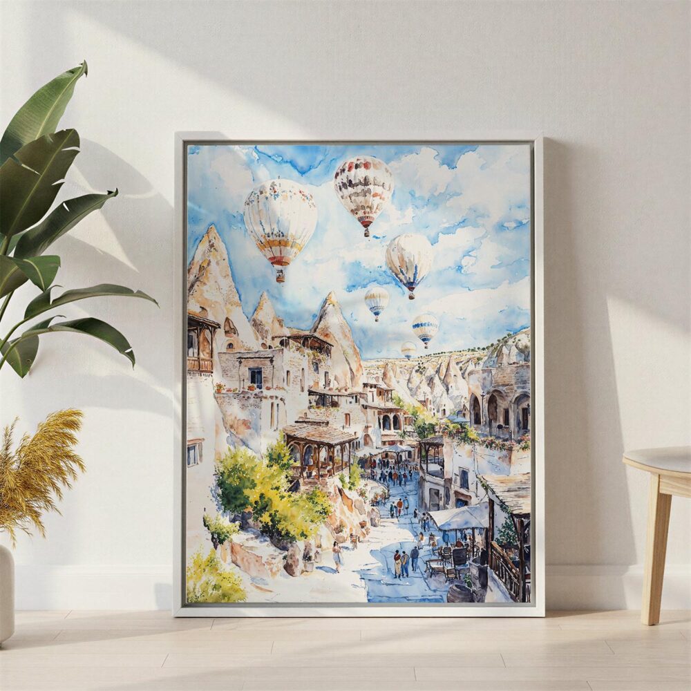 02 - Cappadocia Turkey Watercolor Canvas Print with White Floater Frame - Standing on Floor - Vertical.jpg 02 - Cappadocia Turkey Watercolor Canvas Print with White Floater Frame - Standing on Floor - Vertical.jpg