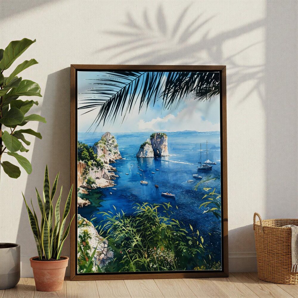 02 - Capri Italy Watercolor Canvas Print with Brown Floater Frame - Standing on Floor - Vertical.jpg 02 - Capri Italy Watercolor Canvas Print with Brown Floater Frame - Standing on Floor - Vertical.jpg