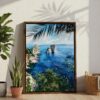 02 - Capri Italy Watercolor Canvas Print with Brown Floater Frame - Standing on Floor - Vertical.jpg