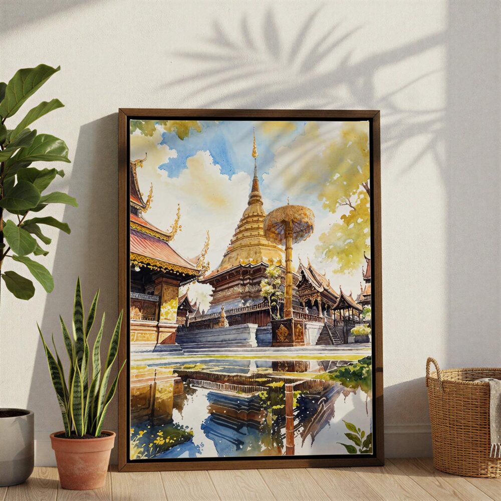 02 - Chiang Mai Doi Suthep Watercolor Canvas Print with Brown Floater Frame - Standing on Floor - Vertical.jpg 02 - Chiang Mai Doi Suthep Watercolor Canvas Print with Brown Floater Frame - Standing on Floor - Vertical.jpg