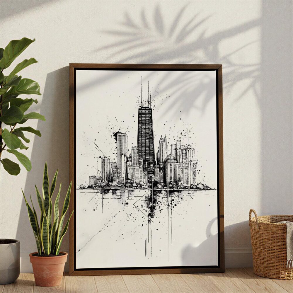 02 - Chicago Pencil Art Canvas Print with Brown Floater Frame - Standing on Floor - Vertical.jpg 02 - Chicago Pencil Art Canvas Print with Brown Floater Frame - Standing on Floor - Vertical.jpg