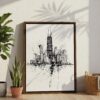 02 - Chicago Pencil Art Canvas Print with Brown Floater Frame - Standing on Floor - Vertical.jpg