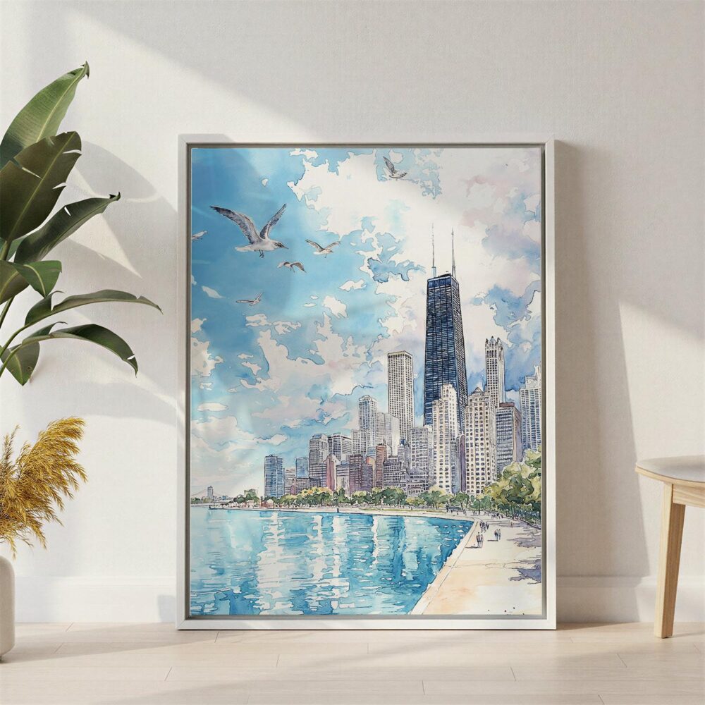 02 - Chicago Skyline Watercolor Canvas Print with White Floater Frame - Standing on Floor - Vertical.jpg 02 - Chicago Skyline Watercolor Canvas Print with White Floater Frame - Standing on Floor - Vertical.jpg