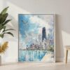 02 - Chicago Skyline Watercolor Canvas Print with White Floater Frame - Standing on Floor - Vertical.jpg