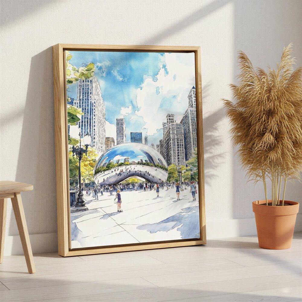 02 - Chicago The Bean Cloud Gate Watercolor Canvas Print with Natural Floater Frame - Standing on Floor - Vertical.jpg 02 - Chicago The Bean Cloud Gate Watercolor Canvas Print with Natural Floater Frame - Standing on Floor - Vertical.jpg