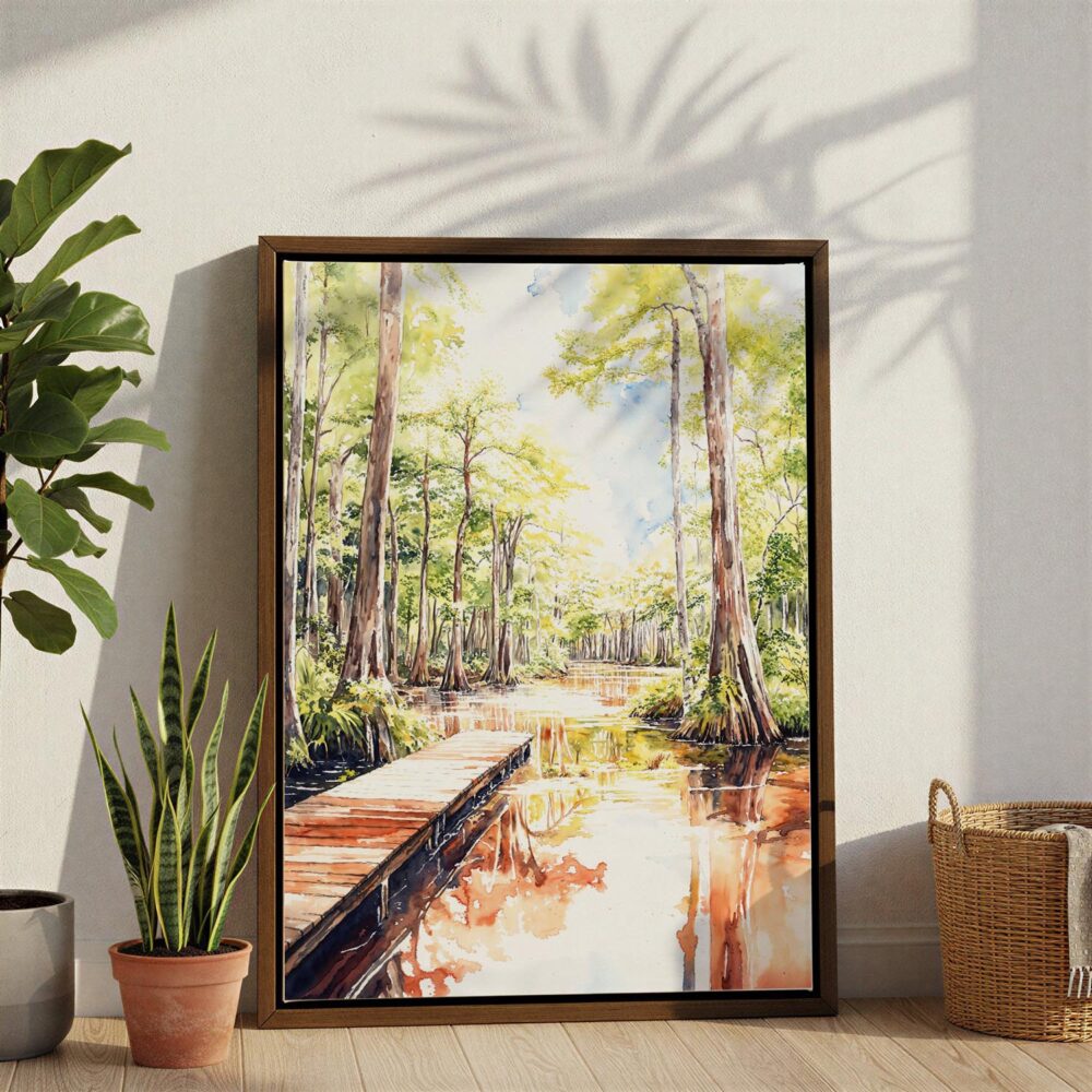 02 - Congaree National Park Watercolor Canvas Print with Brown Floater Frame - Standing on Floor - Vertical.jpg 02 - Congaree National Park Watercolor Canvas Print with Brown Floater Frame - Standing on Floor - Vertical.jpg