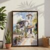 02 - Cordoba Spain Watercolor Canvas Print with Brown Floater Frame - Standing on Floor - Vertical.jpg