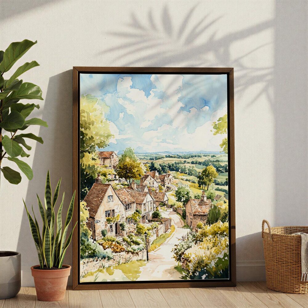 02 - Cotswolds England Watercolor Canvas Print with Brown Floater Frame - Standing on Floor - Vertical.jpg 02 - Cotswolds England Watercolor Canvas Print with Brown Floater Frame - Standing on Floor - Vertical.jpg