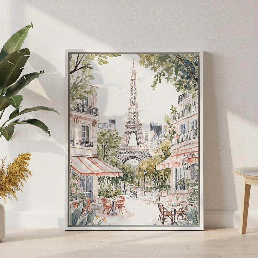 02 - Cozy Paris Cafe Streetscene with Eiffel Tower Watercolor@2x Canvas Print with White Floater Frame - Standing on Floor - Vertical.jpg 02 - Cozy Paris Cafe Streetscene with Eiffel Tower Watercolor@2x Canvas Print with White Floater Frame - Standing on Floor - Vertical.jpg
