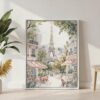 02 - Cozy Paris Cafe Streetscene with Eiffel Tower Watercolor@2x Canvas Print with White Floater Frame - Standing on Floor - Vertical.jpg
