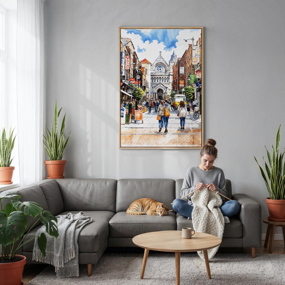 02 - Dublin Ireland Watercolor Canvas Print with Natural Floater Frame - Woman Knitting on grey couch - Vertical.jpg 02 - Dublin Ireland Watercolor Canvas Print with Natural Floater Frame - Woman Knitting on grey couch - Vertical.jpg