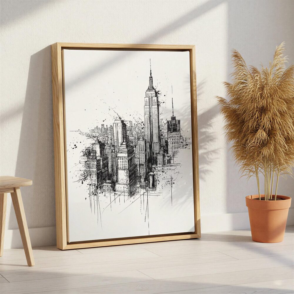 02 - Empire State Building - Pencil Drawing Canvas Print with Natural Floater Frame - Standing on Floor - Vertical.jpg 02 - Empire State Building - Pencil Drawing Canvas Print with Natural Floater Frame - Standing on Floor - Vertical.jpg