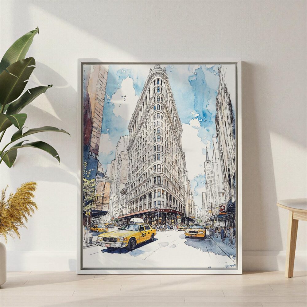 02 - Flatiron Watercolor Canvas Print with White Floater Frame - Standing on Floor - Vertical.jpg 02 - Flatiron Watercolor Canvas Print with White Floater Frame - Standing on Floor - Vertical.jpg