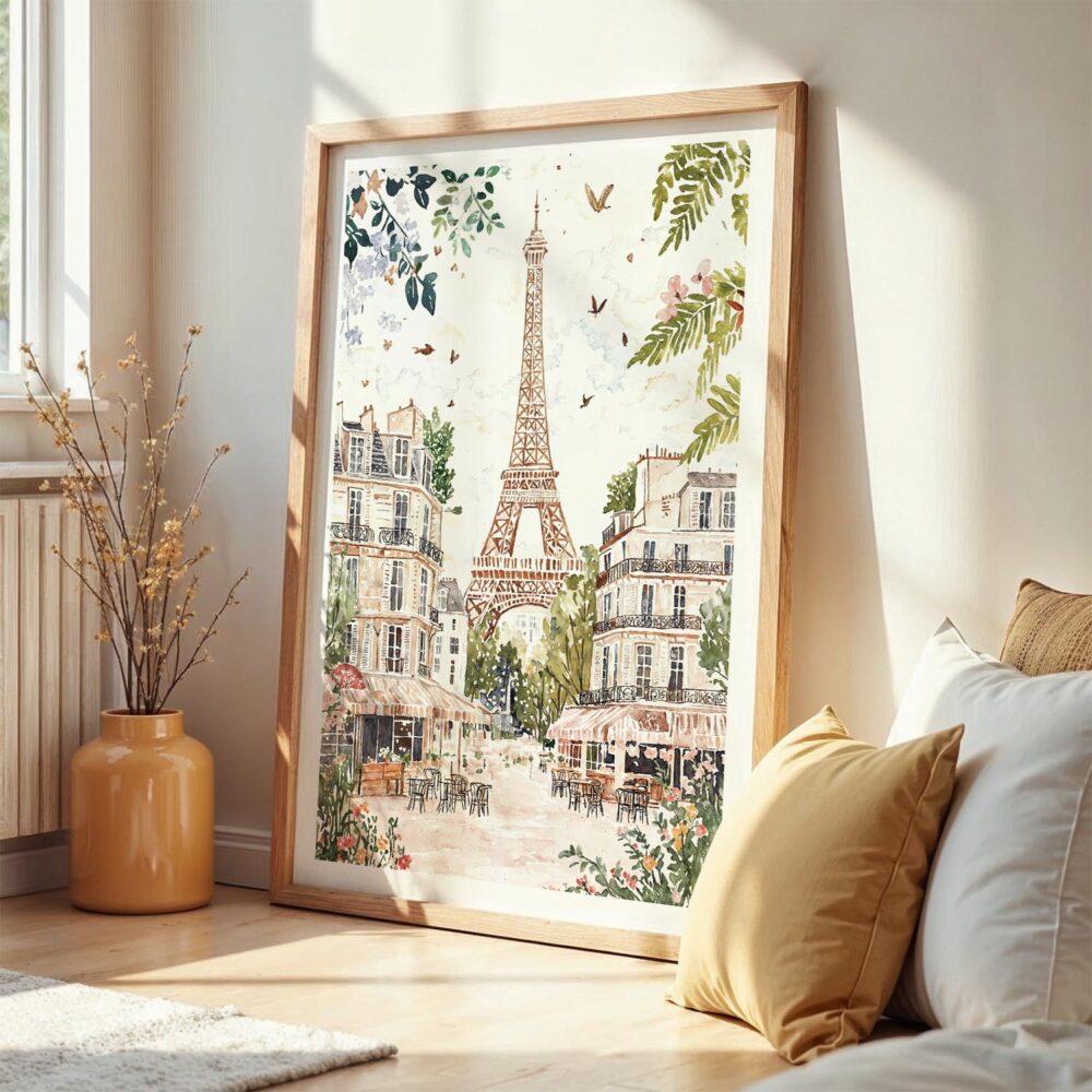 02 - Frame Paris Eiffel Tower Soft Watercolor art print leaning against wall on floor.jpg 02 - Frame Paris Eiffel Tower Soft Watercolor art print leaning against wall on floor.jpg