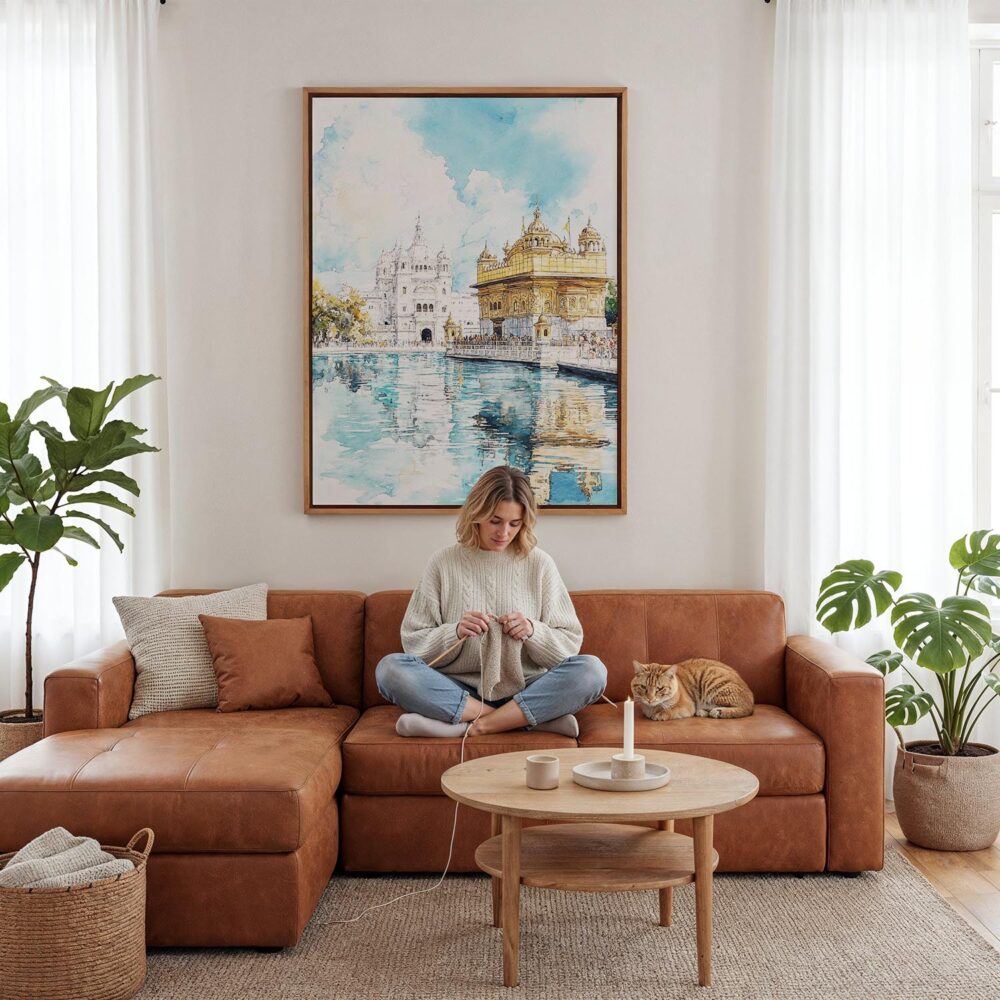 02 - Framed Amritsar Golden Temple Watercolor Canvas Print - Woman Knitting - Vertical.jpg 02 - Framed Amritsar Golden Temple Watercolor Canvas Print - Woman Knitting - Vertical.jpg