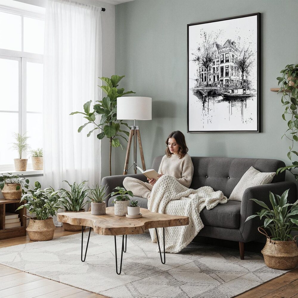 02 - Framed Amsterdam - Pencil Drawing - 1 Canvas Print - Woman reading in Boho Living Room - Vertical.jpg 02 - Framed Amsterdam - Pencil Drawing - 1 Canvas Print - Woman reading in Boho Living Room - Vertical.jpg