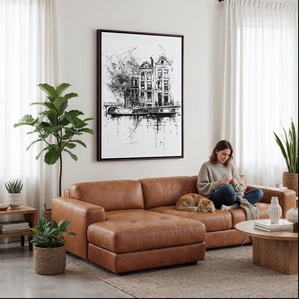 02 - Framed Amsterdam - Pencil Drawing - 3 Canvas Print - Woman Knitting on leather couch - Vertical.jpg 02 - Framed Amsterdam - Pencil Drawing - 3 Canvas Print - Woman Knitting on leather couch - Vertical.jpg