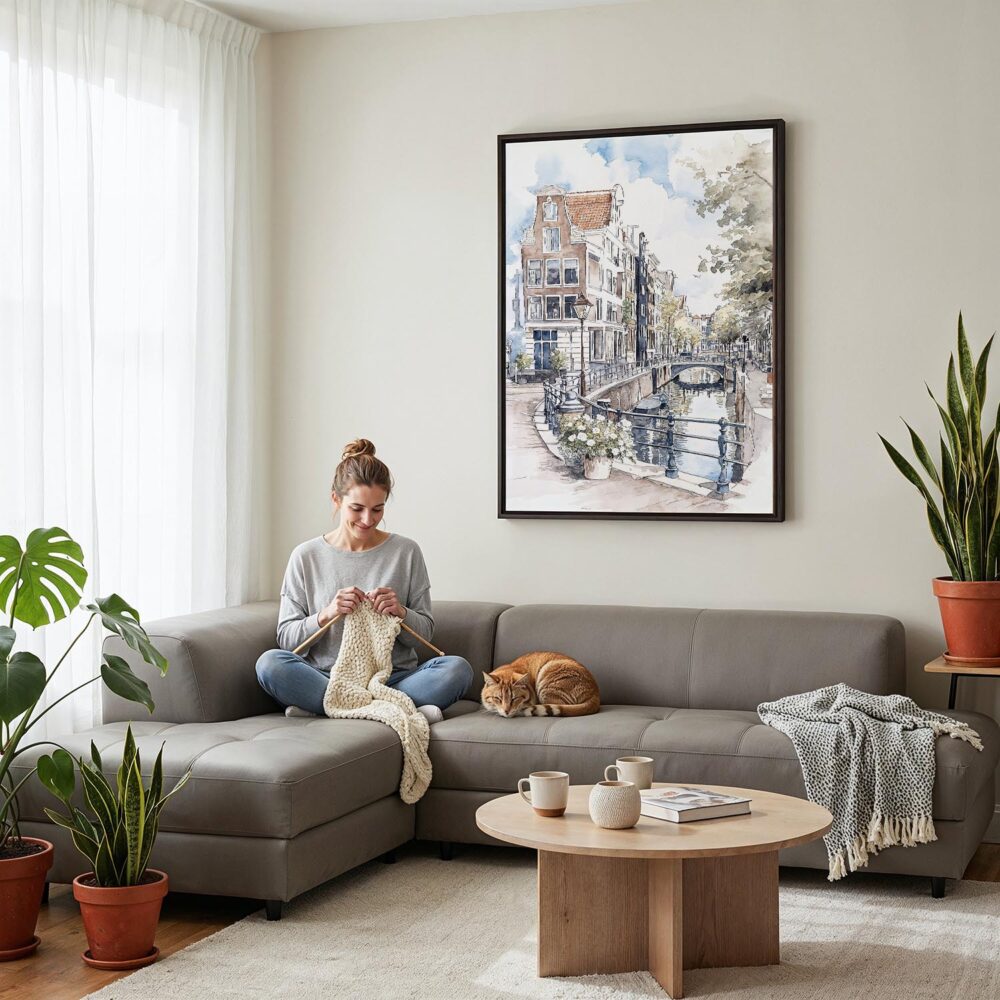 02 - Framed Amsterdam - Watercolor 1 Canvas Print - Woman Knitting on grey couch - Vertical.jpg 02 - Framed Amsterdam - Watercolor 1 Canvas Print - Woman Knitting on grey couch - Vertical.jpg