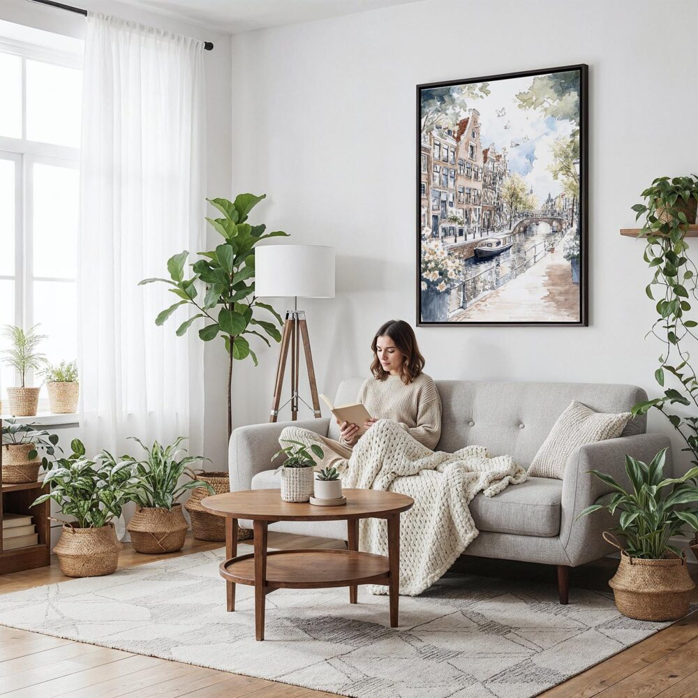 02 - Framed Amsterdam - Watercolor 2 Canvas Print - Woman reading on couch - Vertical.jpg 02 - Framed Amsterdam - Watercolor 2 Canvas Print - Woman reading on couch - Vertical.jpg