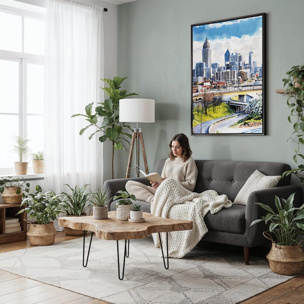 02 - Framed Atlanta Skyline Watercolor Canvas Print - Woman reading in Boho Living Room - Vertical.jpg 02 - Framed Atlanta Skyline Watercolor Canvas Print - Woman reading in Boho Living Room - Vertical.jpg