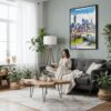 02 - Framed Atlanta Skyline Watercolor Canvas Print - Woman reading in Boho Living Room - Vertical.jpg